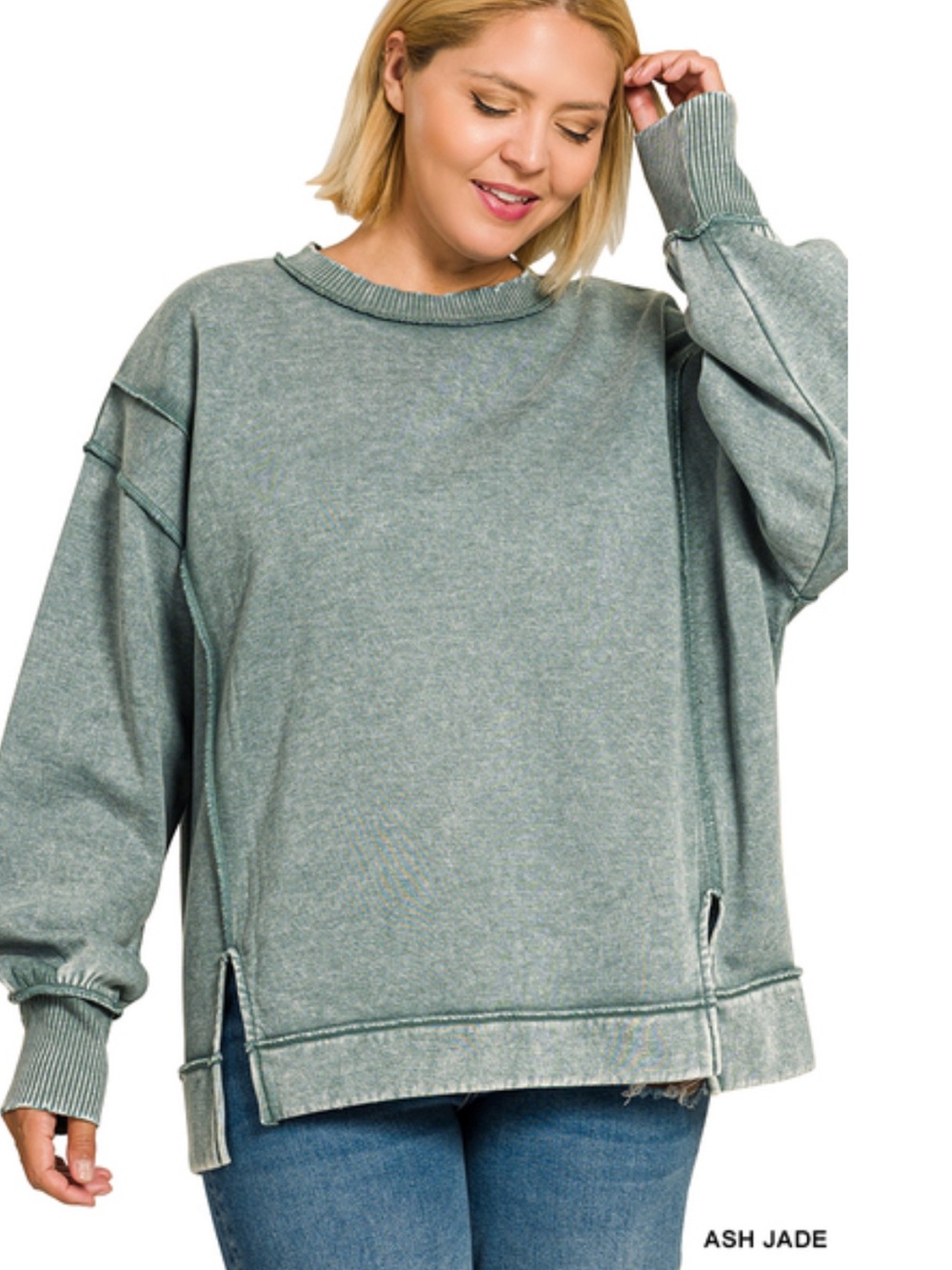 206 1X - 3X Zenana PLUS ACID WASH EXPOSED-SEAM FLEECE SWEATSHIRT